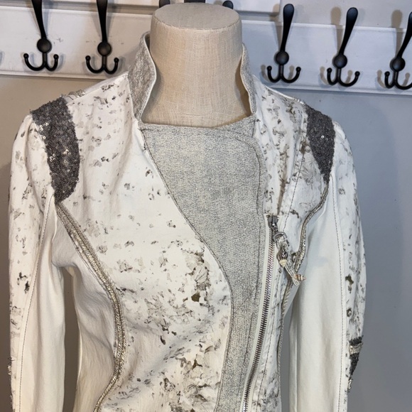White and Gray Sequined Jean Style Jacket Made in Italy Size Med - Picture 5 of 10